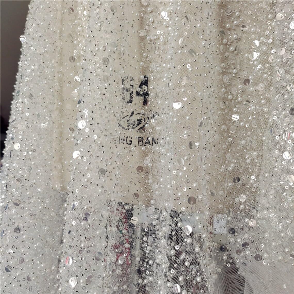 51" Wide Exquisite Heavily Pearl Soft Tulle Mesh Wedding Lace Fabric Embroidered French Sequined Bead Lace Fabrics for Handmade DIY Wedding Evening Dress Bridal Veil (White, 3 Yard pre Cut)