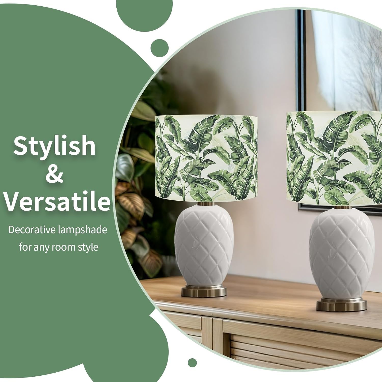 Lamp Shades For Table Lamps, HD Printing Green Leaf Lamp Shades, 13x13x10in Drum Lamp Shade fits Spider/E26/E12 Base, Natural Fabric Spider Lamp Shade for Floor Lamp (1 Pack)