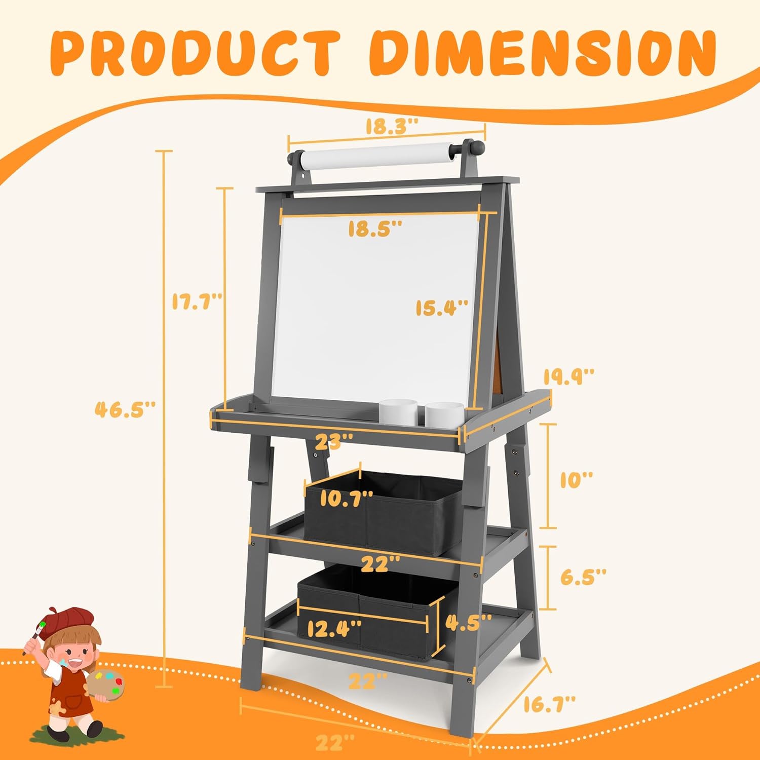 Elevon Art Easel for Kids, 3 in 1 Adjustable Wooden Kids Drawing Easel, Double-Sided Whiteboard, Chalkboard & Paper Roll, 2-Tier Rack with 2 Storage Boxes, Standing Easel for for Painting & Drawing