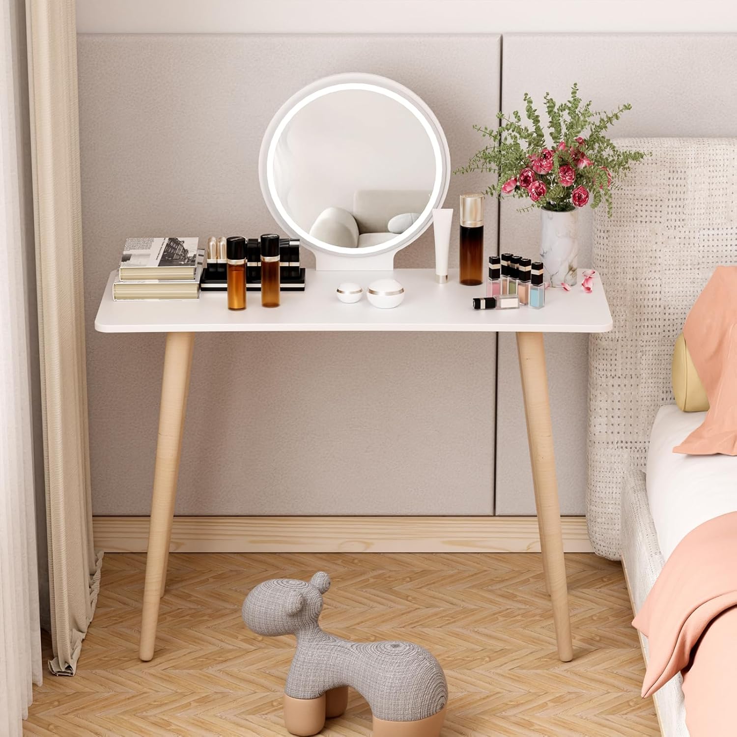 Small Makeup Vanity Table, Makeup Vanity Desk with Mirror and Lights, Small Space Vanity Mirror with Lights Desk, Girls Vanity Dressing Table, 40 Inch Spacious Desktop White