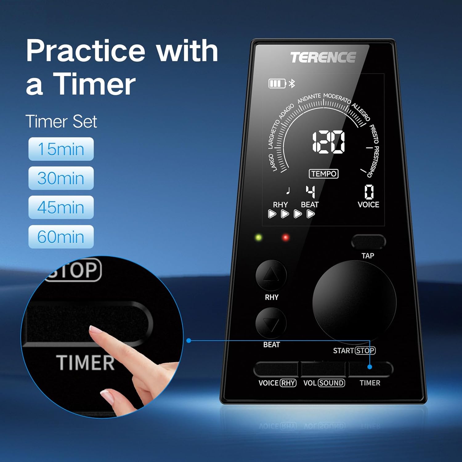 TERENCE Digital Metronome for Piano: Professional Precision Electronic Metronome 9 Tempo Presets 40-208 BPM Millisecond Accuracy LED Display Portable Metronome for Piano Guitar Drums All Instruments