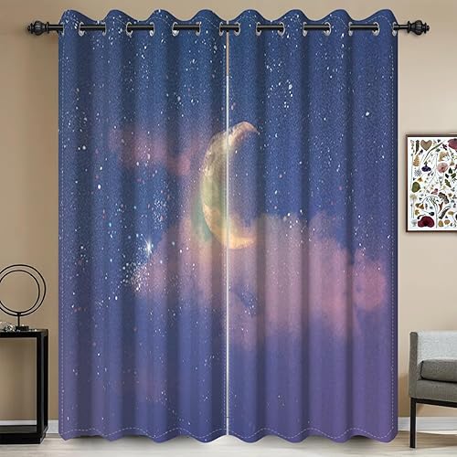 Miniatura 2 de Cortinas opacas de cielo estrellado de 42 x 63 pulgadas, nebulosa, luna, galaxia brillante, estrellas, nubes blancas, cielo nocturno, para sala de
