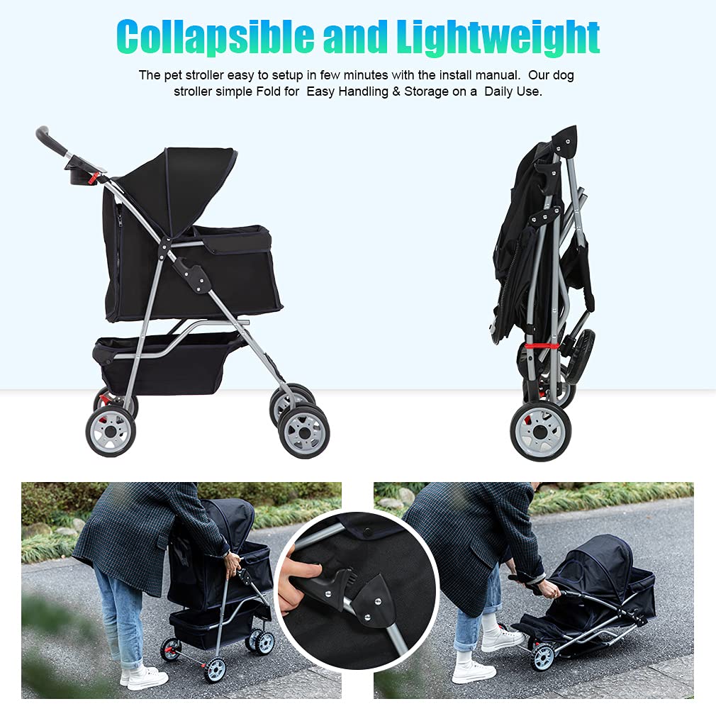 BestPet 4 Wheels Pet Stroller Cat Dog Cage Stroller Travel Folding Carrier with Cup Holders, Large Storage Basket, Weather Cover Removable Liner for Small-Medium Dog, Cat,Black : Pet Supplies