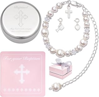 Sterling Silver Baptism Bracelet with Cultured Pearls & Engraved Keepsake Box - Christening Gift for Baby Girls, Heirloom Jewelry