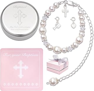 Baptism Bracelet in Sterling Silver and Cultured Pearls for Baby Girls, Comes with a Unique Silver-plated Jewelry Keepsake Box, Christening and Baptism Gifts For Girl, Includes 3 Charms