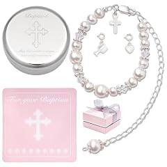 Baptism Bracelet in Sterling Silver and Cultured Pearls for Baby Girls Comes with a Unique Silver-plated Jewelry Keepsake