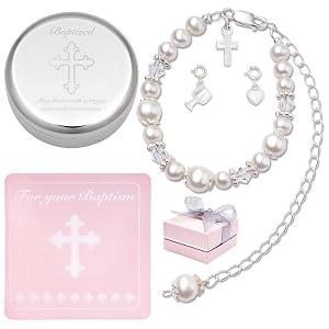 Baptism Bracelet in Sterling Silver and Cultured Pearls for Baby Girls Comes with a Unique Silver-plated Jewelry Keepsake