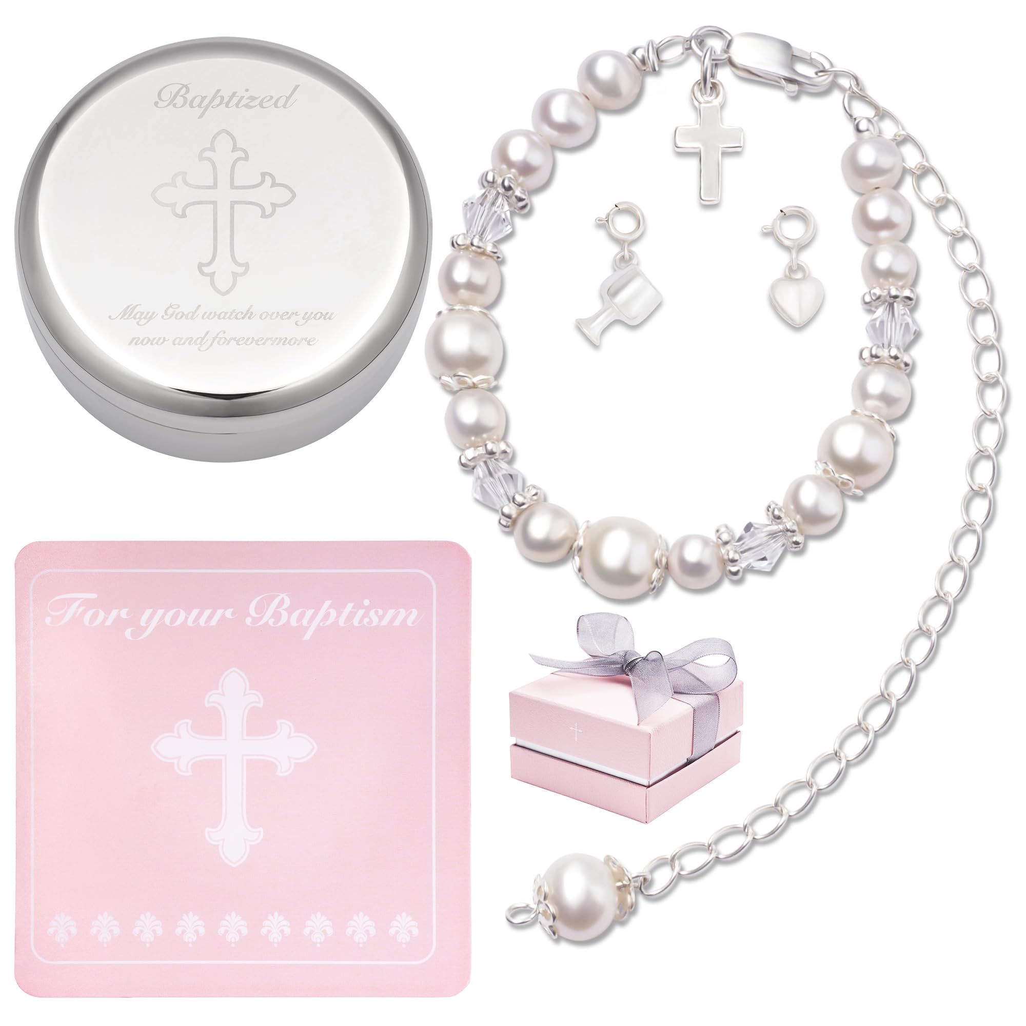 Baptism Bracelet in Sterling Silver and Cultured Pearls for Baby Girls, Comes with a Unique Silver-plated Jewelry Keepsake Box, Christening and Baptism Gifts For Girl,Includes 3 Charms