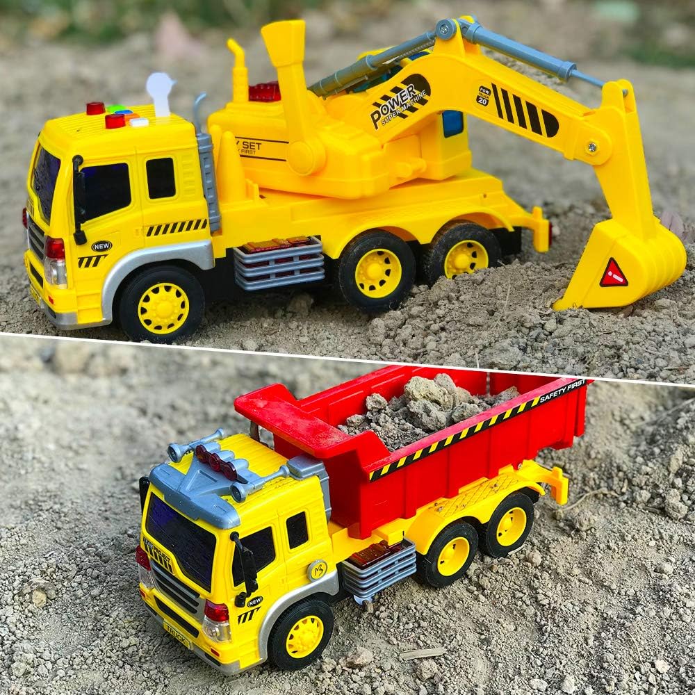 Gizmovine 2Pcs Engineering Truck Toys Set, Excavator Toys with Lights and Sounds, Powered Dump Construction Vehicles for Boys Girls Kids, 1:16 Scale : Toys & Games