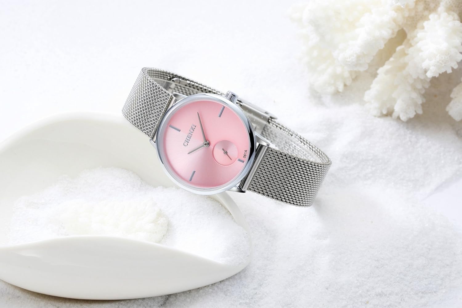 MASTOP Women's Silver Stainless Steel Woven Mesh Strap Wrist Watch Simple Design Analog Display Quartz Watch - Image 3