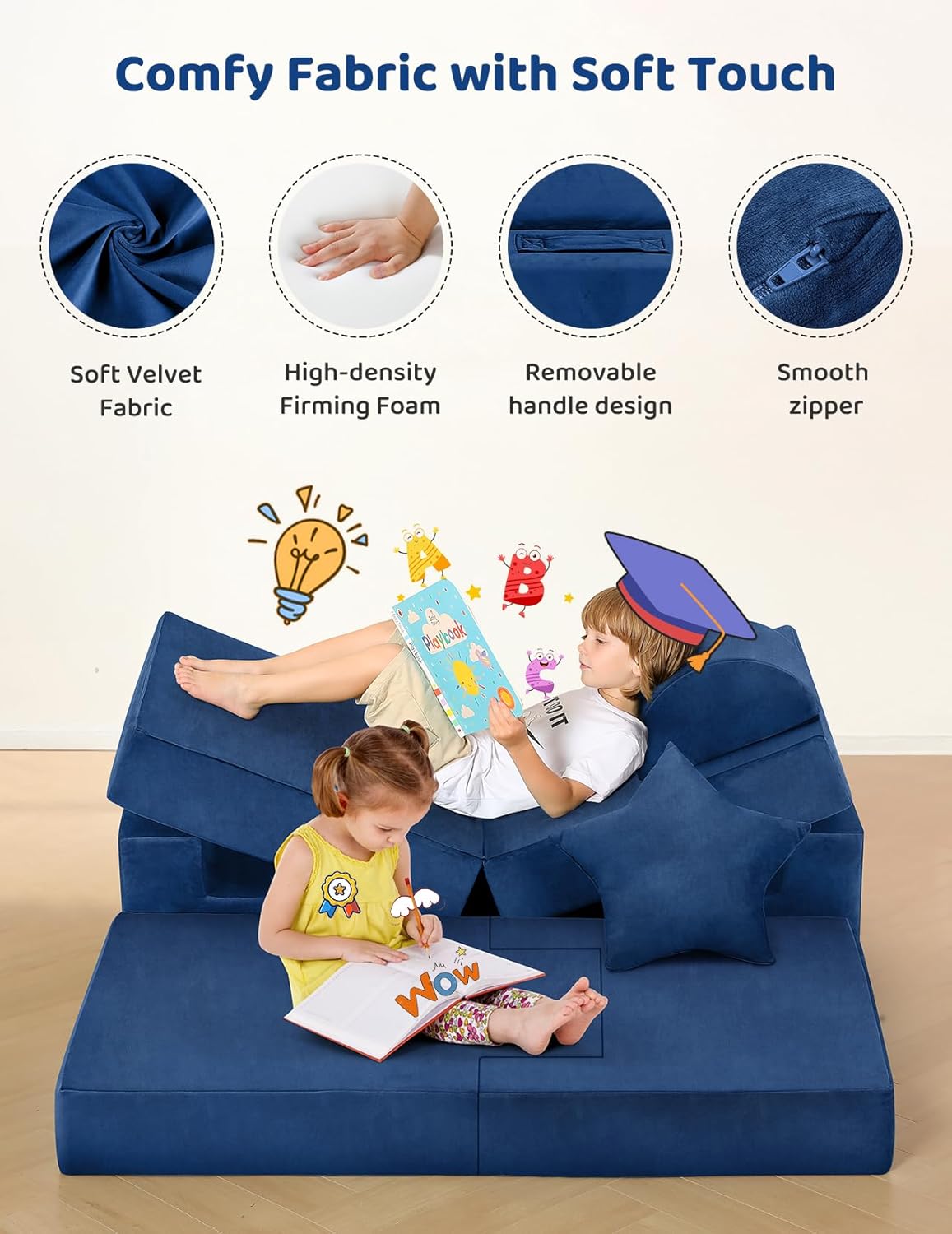 Kidirect Modular Kids Play Couch, K12 PRO 400+DIY Creative Foam Couch for Playroom, Upgraded Convertible Rocking Horse Kids Sofa Building Fort with Star Moon for Toddlers (Blue)