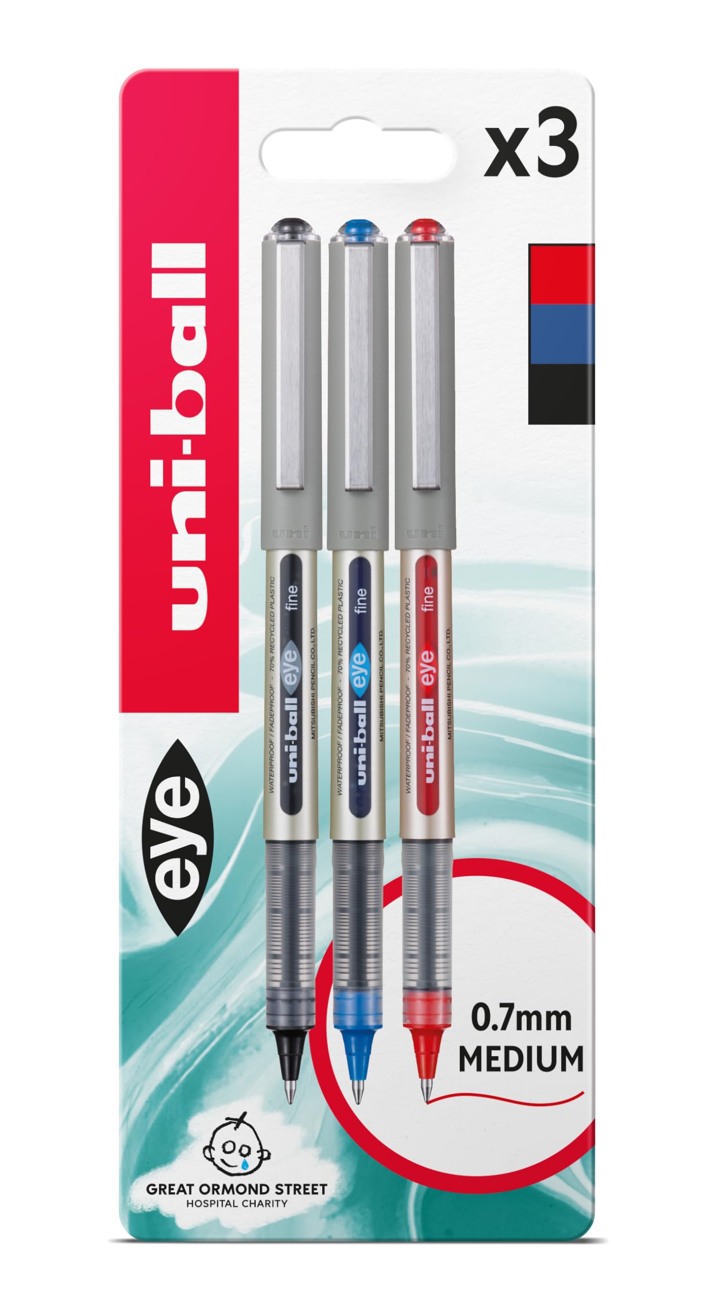 uni-ball EYE Fine UB-157 Rollerball Pen 0.7mm Tip BlackBlueRed Blister