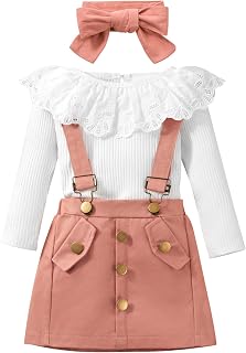 Toddler Fall Outfits for Girls Ruffle Long Sleeve Ribbed T-Shirt Top+Suspender Skirt+Headband 3Pcs Clothes Set