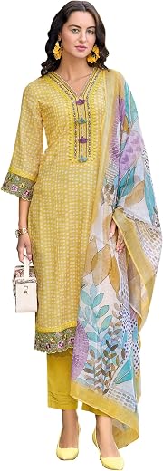 INDO ERA Women's Straight Linen Floral Embroidered Kurta Pant with Dupatta Set (IEOUT9905)