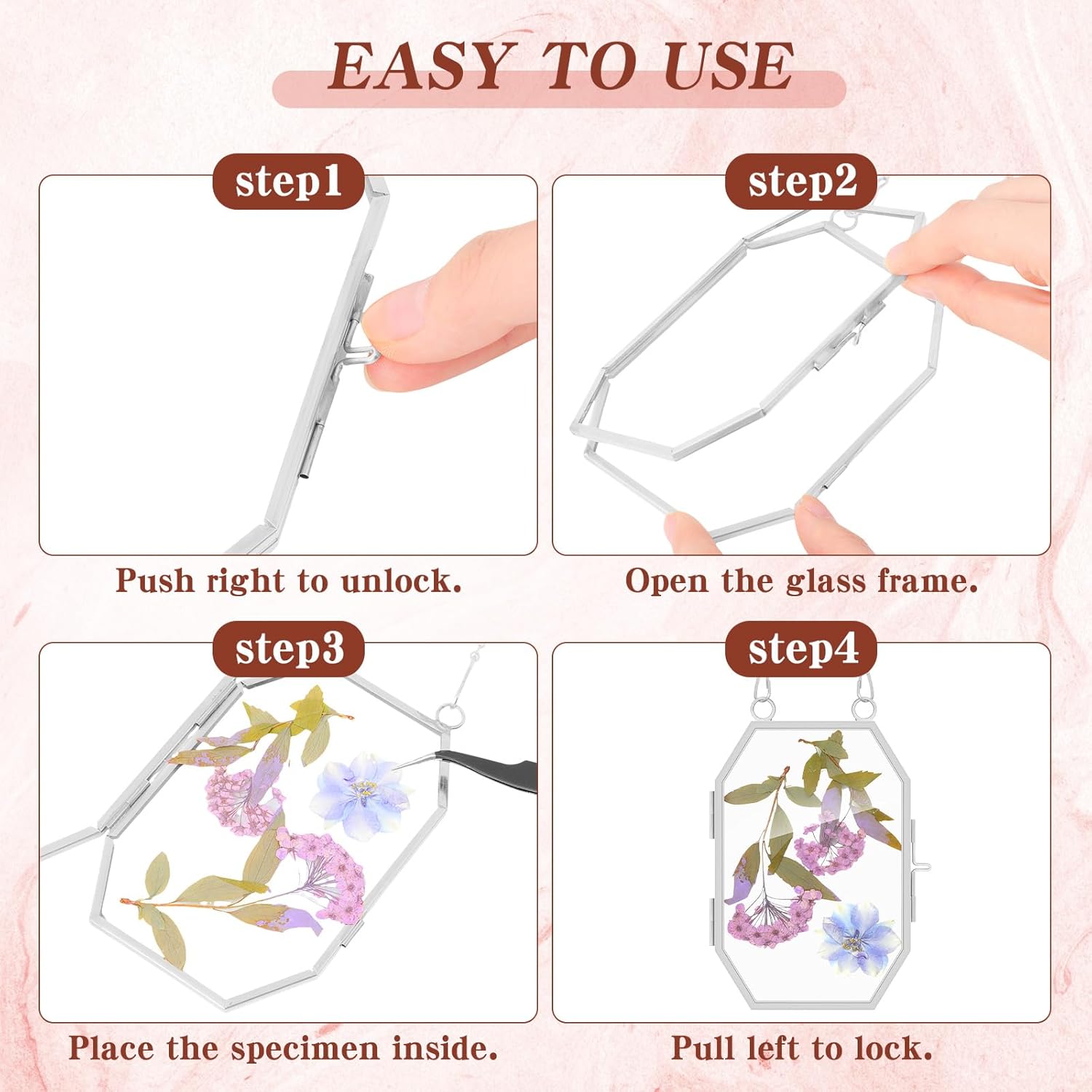 BBTO 10 Pcs Glass Frame for Pressed Flowers 5 Different Shapes Brass Hanging Picture Frame with Chain Pressed Flower Glass Photo Frames for Artwork Frame Home Wall Decor Plant Specimen (Silver)