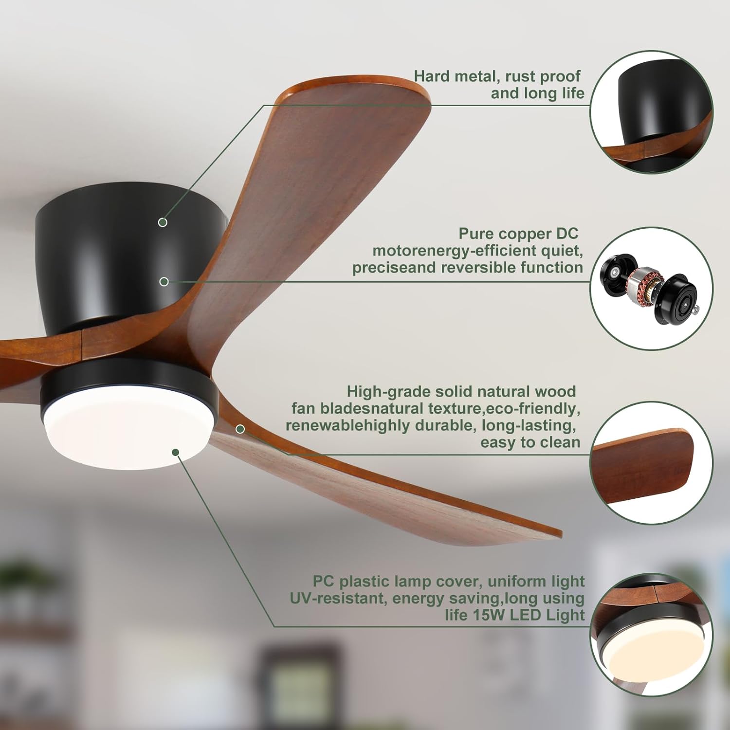 Wood Ceiling Fans with Lights and Remote 42 Inch Flush Mount Wooden Ceiling Fan Quiet Reversible DC Motor for Bedroom/Outdoor/Farmhouse/Patios