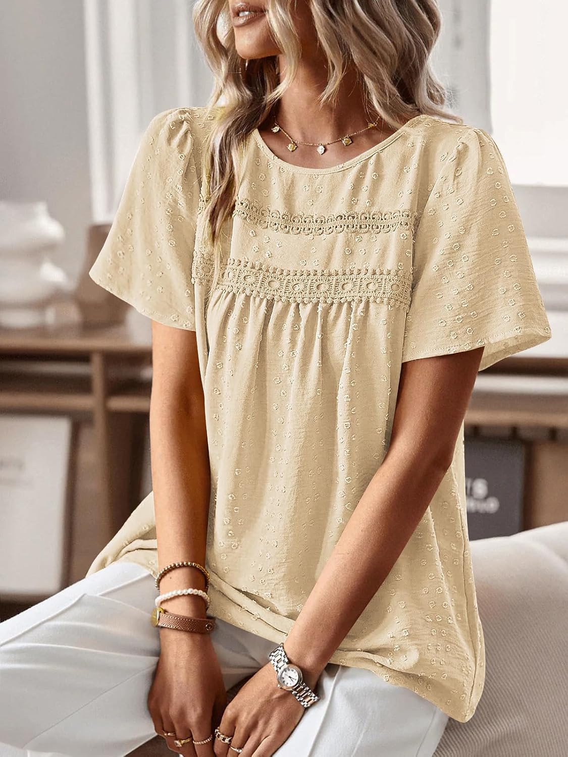 Poetsky Womens Summer Boho Tops Crewneck Short Sleeve Babydoll Shirts Casual Chiffon Work Blouses