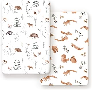 GRSSDER Stretchy Ultra Soft Jersey Knit Fitted Pack n Play Sheets Set 2 Pack, Portable/Mini Crib for Boys and Girls, Cute Jungle Squirrels Animals