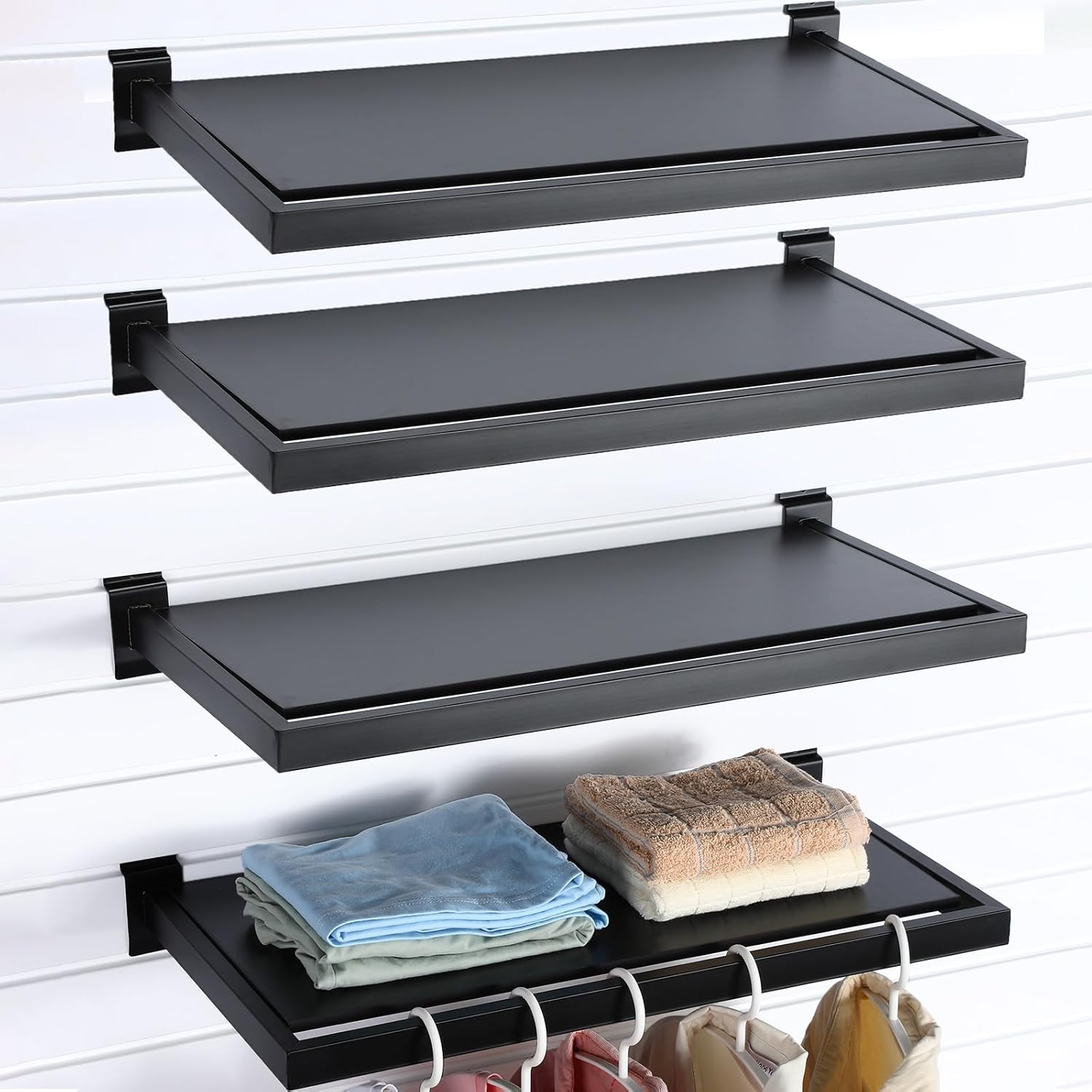 Blulu 4 Pack Slatwall Shelf, 23. 6x11. 8 Inch Wooden Wall Shelves with Metal Rectangular Tubing U Shaped Hanger Slatwall Shelving Organizer Accessories for Home Retail Display (Black)