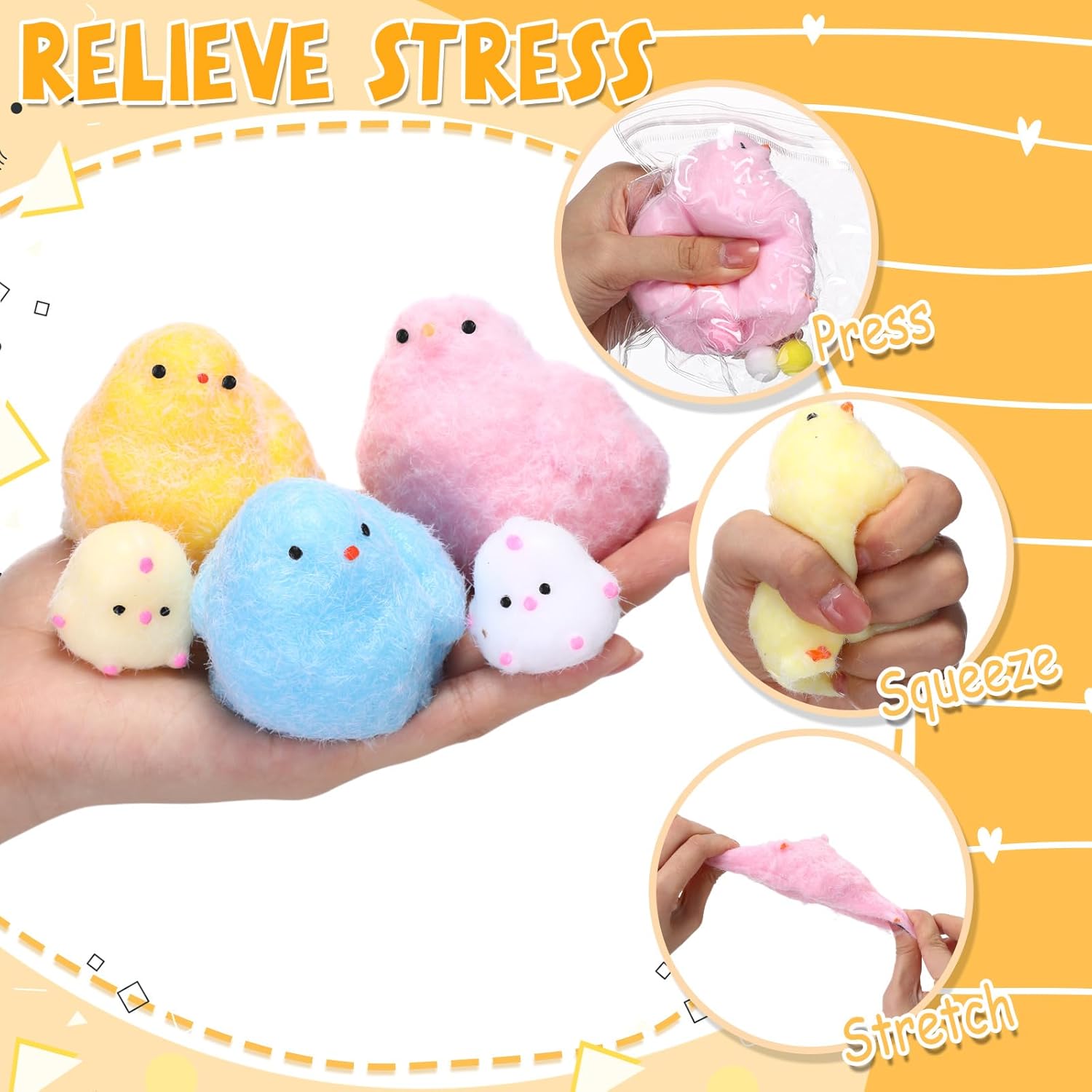 Soulchen 36 Pcs Chick Taba Squeeze, 4 Different Sizes Mini and Big Cute Sticky Sensory Party Gifts Stress Relief Squeeze for Office, Christmas Stocking Stuffers, Kawaii Easter Basket Stuffers