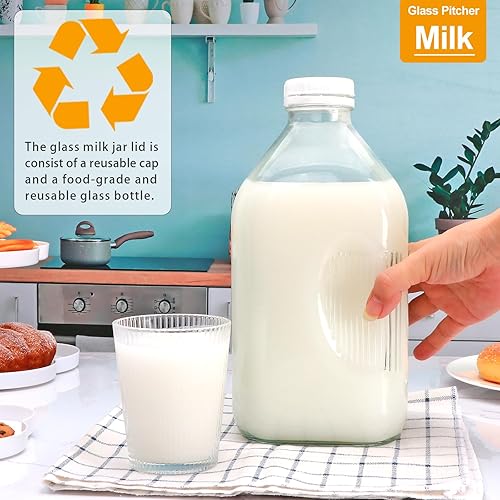 Miniatura 5 de Botellas de leche de vidrio de 64 onzas, jarras de leche de vidrio reutilizables, recipientes de agua de vidrio transparente de 2 cuartos con tapas