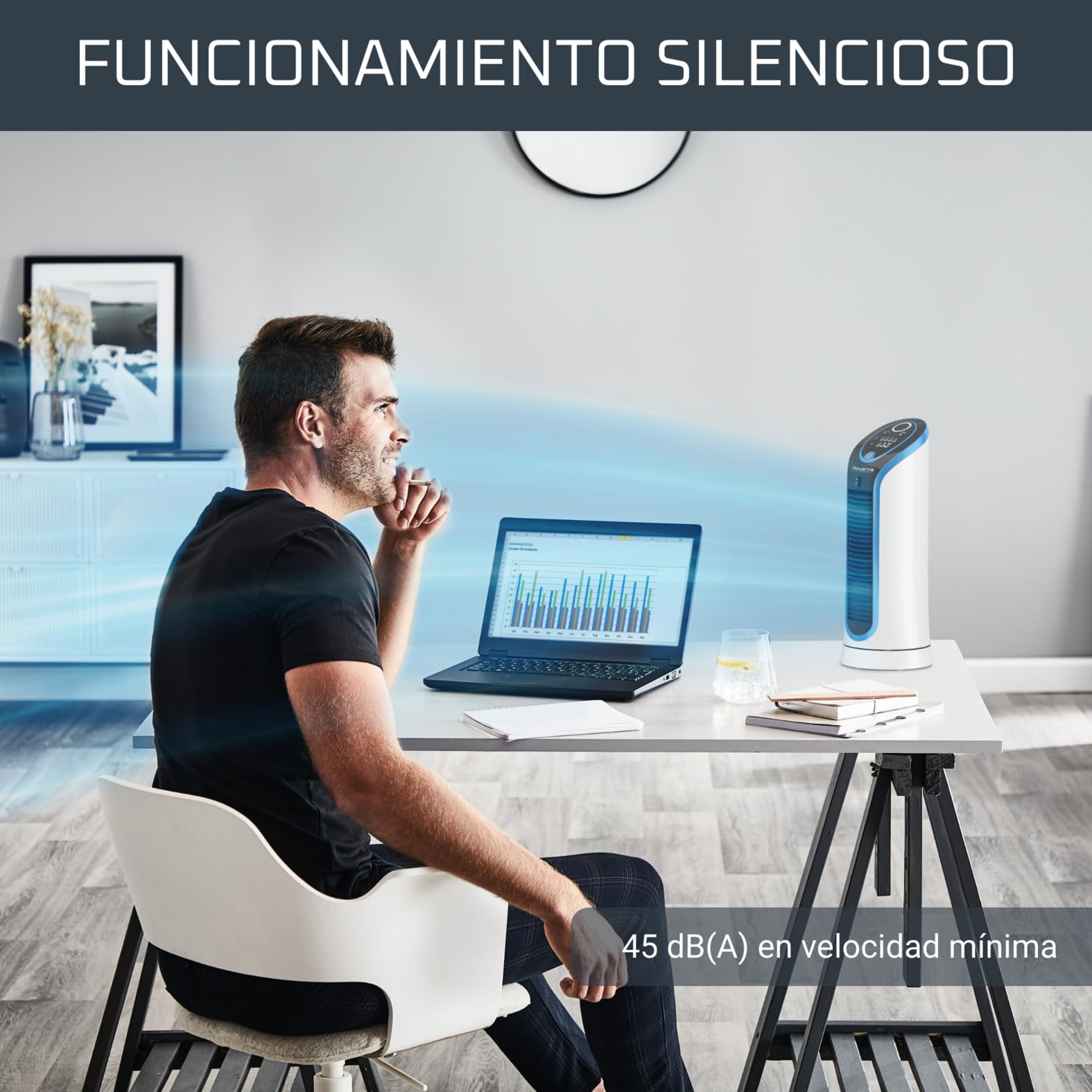 Rowenta Eole Compact Ventilador Pequeño Portatil de 30 W, Airflow 3D con 3 Velocidades de Aire y Sistema Silencioso 45dB, Potente, Moderno, Sin Aspas, Tecnológico, Color Blanco, Negro Y Azul VU6210