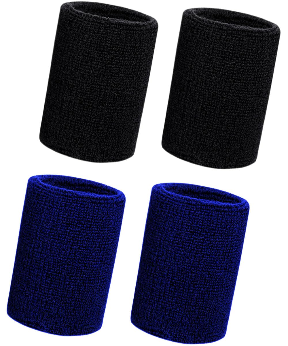 4 Pcs Wristbands Sports Sweatbands For Men Women Thicken Elastic Wrist Sweat Bands Protective for Tennis, Basketball, Running, Gym (Size: 3.15 x 3.94 inches) (2 Black + 2 Blue)