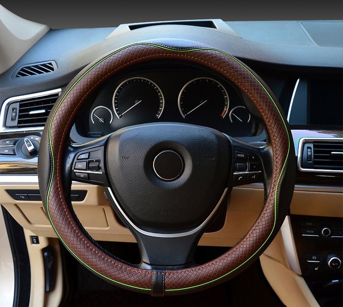 Leather Auto Car Steering Wheel Cover Universal 15 Inch - Soft Breathable Steering Wheel (Brown&Green)