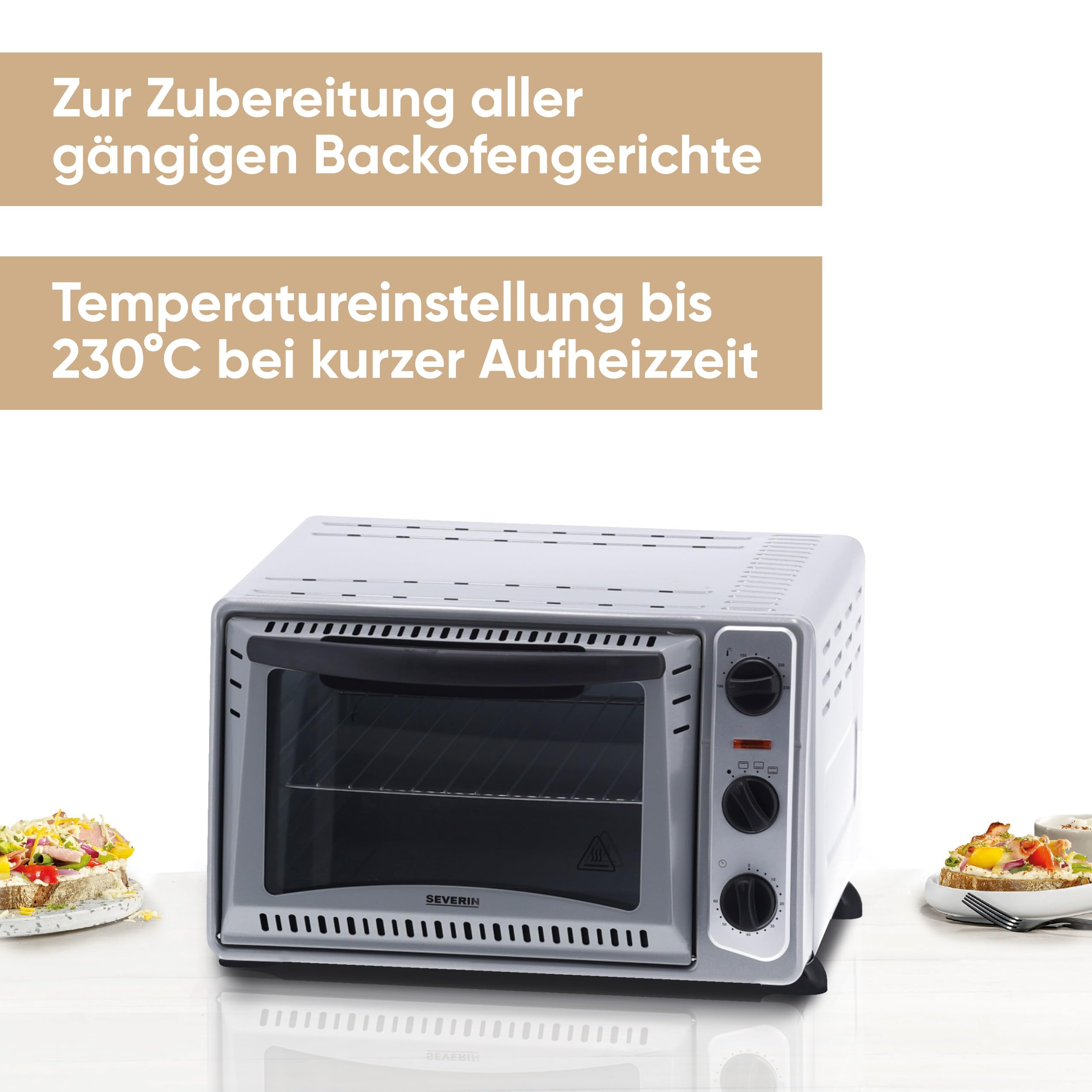 SEVERIN Back- und Toastofen, mobiler Backofen für Pizza, Aufläufe, Kuchen, Brötchen etc., Toaster Ofen mit 1.500 W und Temperaturen von 100 bis 230 °C, silber, TO 2045