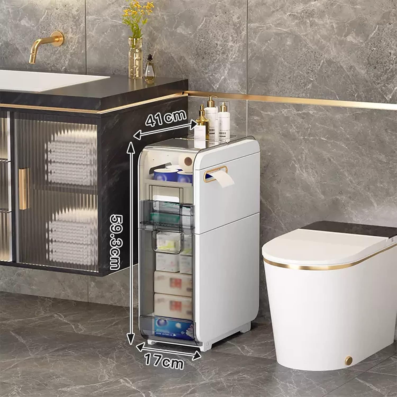 Questo mobiletto Verticale da Bagno con cassetti Trasparenti, rotelle e Design Sottile, Organizer in plastica per lavabo Stretto, mobiletto Alto e salvaspazio per Carta igienica, ripiano da