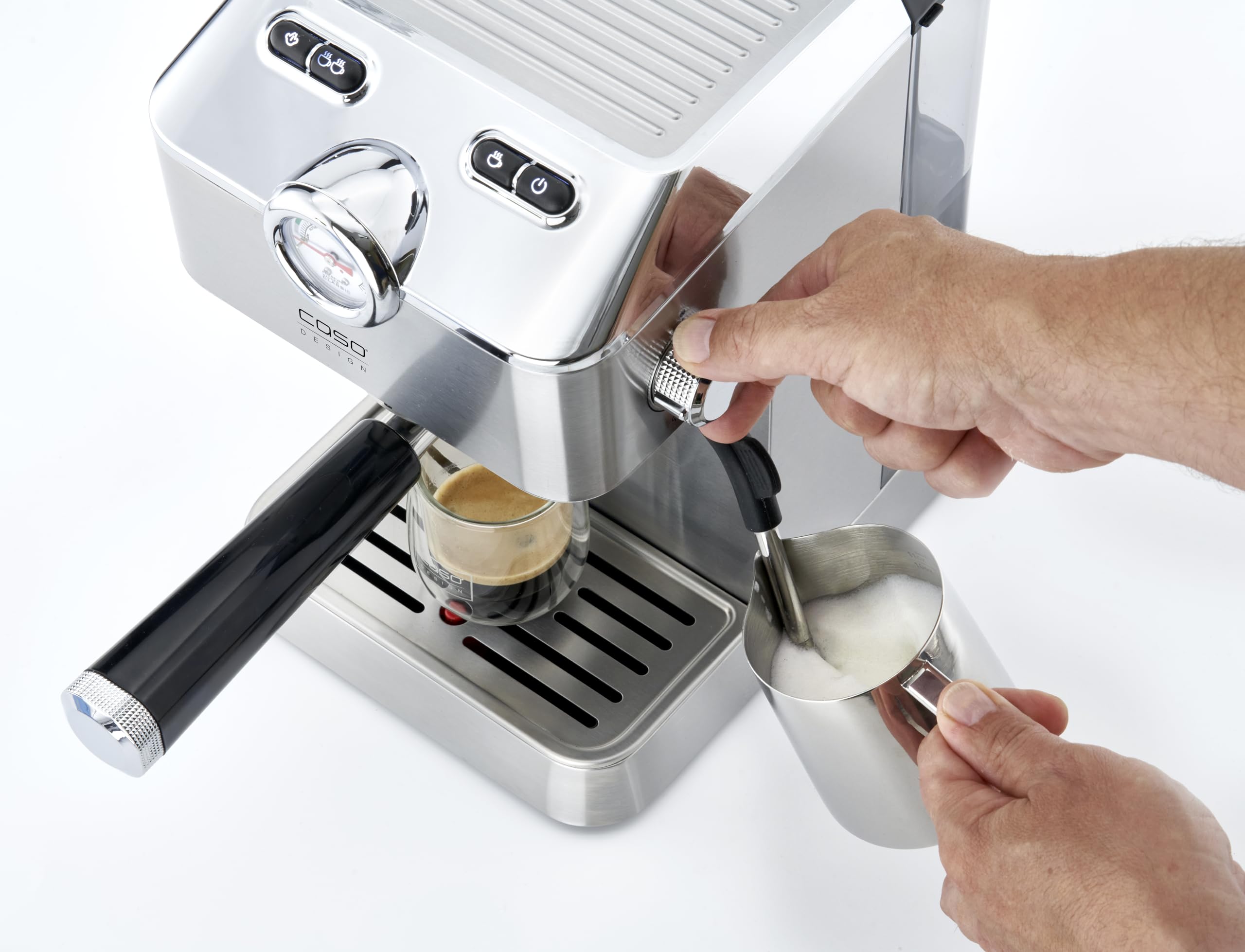 Caso Espresso Gourmet - Macchina portafiltro in acciaio inox, potente pompa Ulka da 19 bar, con montalatte, per caffè o cialde di caffè ESE, per 2 tazze, con piastra riscaldante