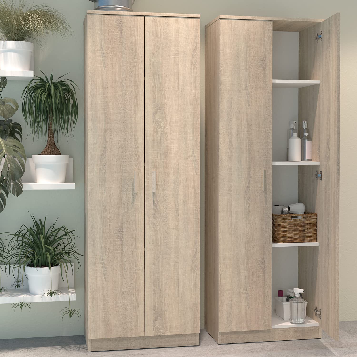 MUEBLES PITARCH Armoire Multifonction 2 Portes pour Nettoyage, Cuisines, galeries, 4 Compartiments, 2 étagères réglables, 180 x 60 x 35 cm (Hauteur x Largeur x Profondeur) Chêne Cambrian, Collection