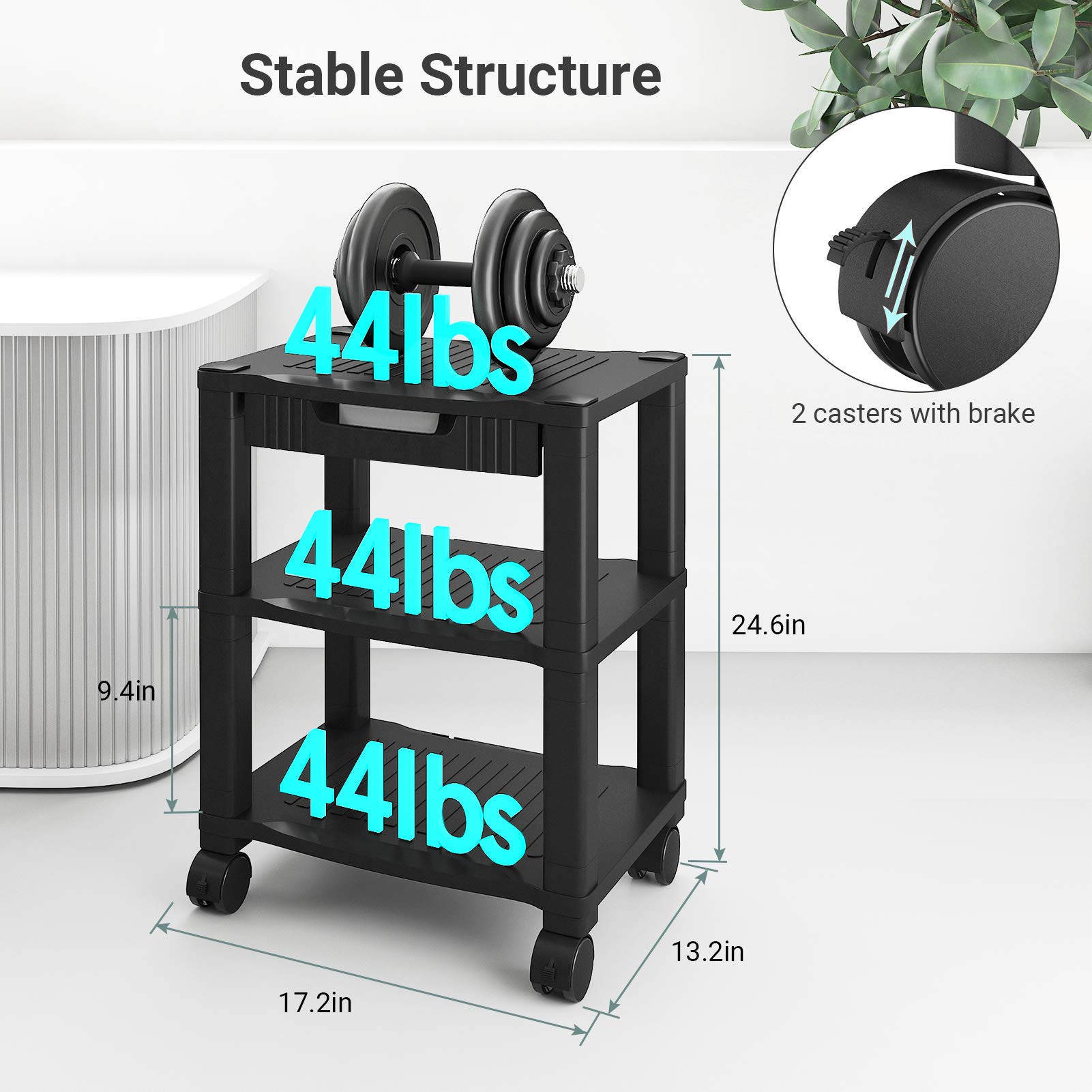 AMERIERGO Printer Stand with Drawer 3 Tier Height Adjustable Printer