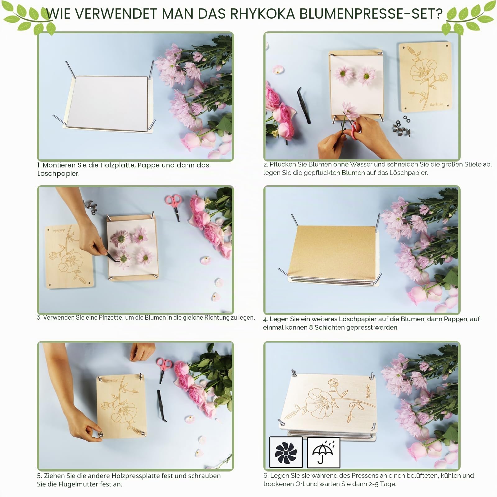 Professionelles 8-lagiges Blumenpresse-Set, 16 x 21 cm, Holzblatt-Press-Set für Kinder und Erwachsene, klare Anleitung enthalten (evtl. nicht in deutscher Sprache) – schönes Geschenk für