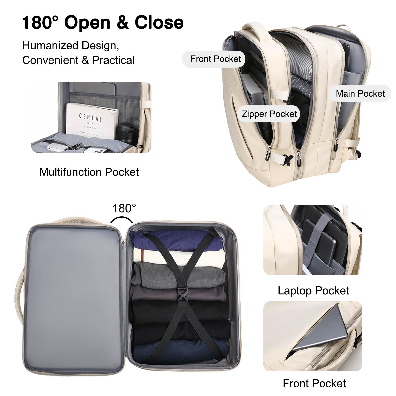 FANDARE Mochila Viaje Expandible 24-42L Equipaje de Mano Bolsa de Viaje para Mujer Hombre Laptop Bolso de Mano con USB Bolsa de Mano Mochila Viaje Cabina Avion Bolsos para Negocio Trabajo Blanco