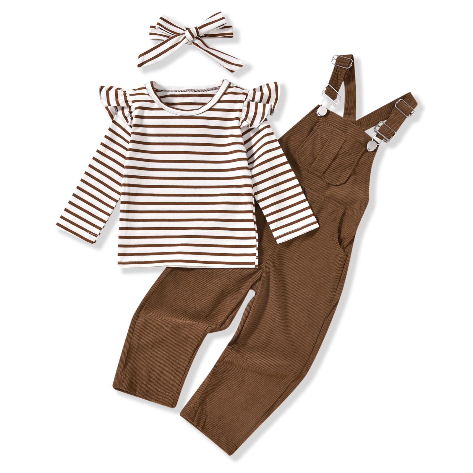 HINTINA 2T Toddler Little Girl Clothe Clothing Corduroy Bib Overalls Coveralls Jumpsuit Romper Suspender Pants Trousers Ruffle Long Sleeve Striped T-Shirt Top Fall Winter Outfits 2-3T