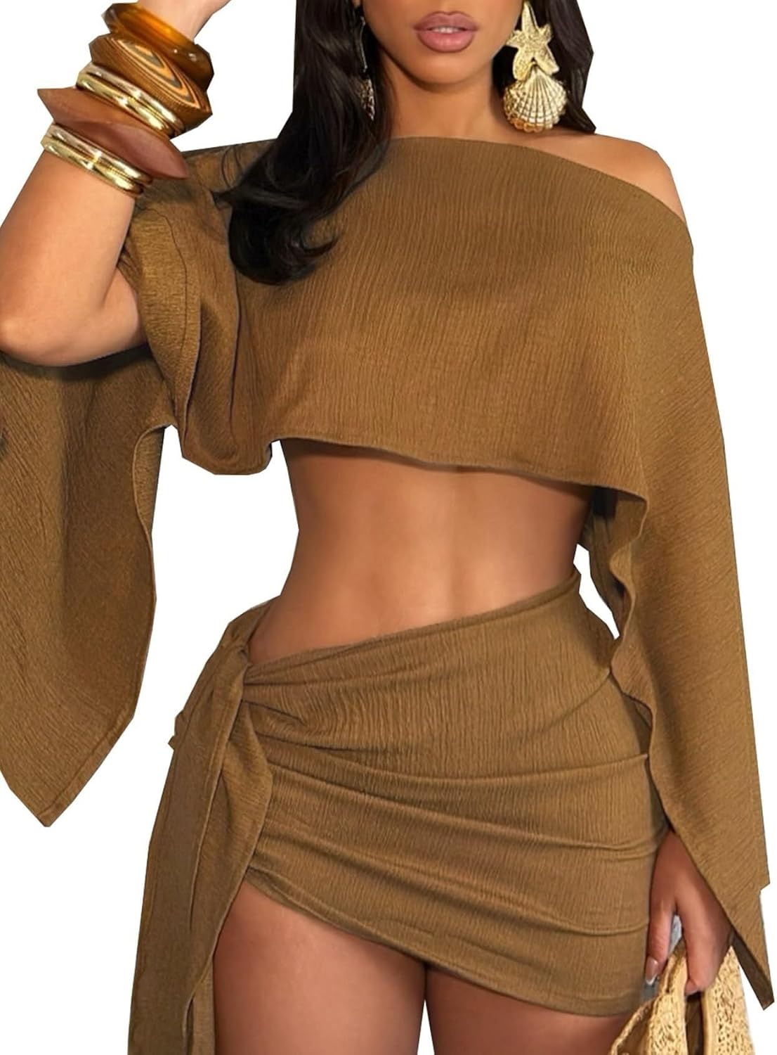 Women's 2 Piece Batwing Off Shoulder Crop Top and Mini Skirt Set, Khaki, Sizes S-XXL(Brown,Medium)