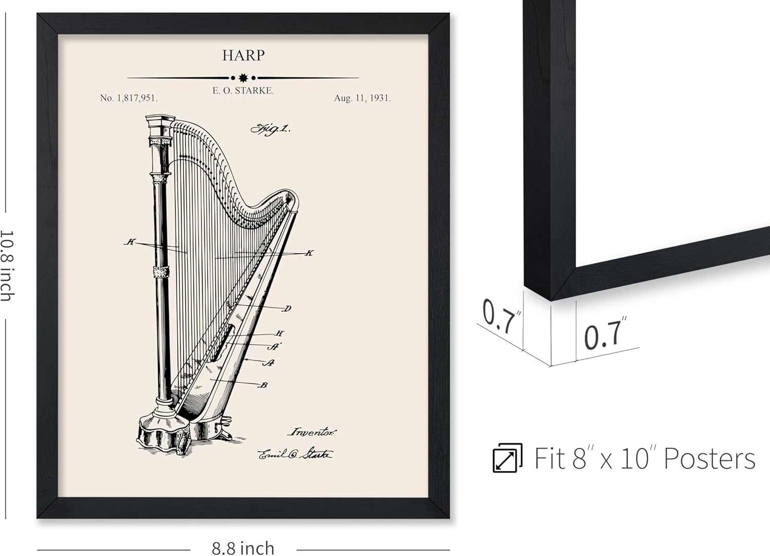 Monem Art Harp Blueprint Poster - Harp Patent Print - Music Art - Musical Instrument Design - Technical Design - Minimal Decor - Great Office or Music Room Wall Decor - 8x10 Black Framed