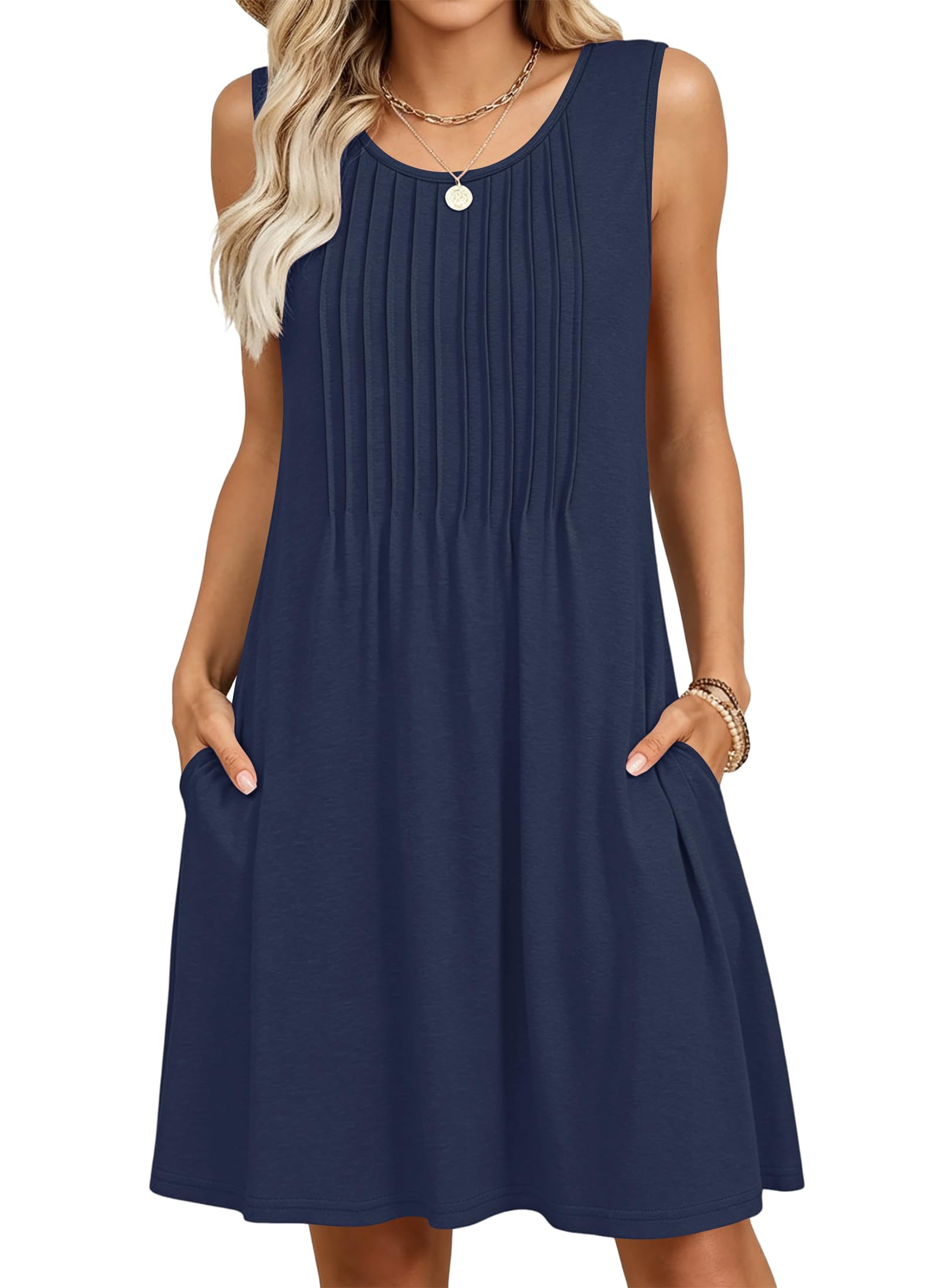 MOLERANI Summer Dresses for Women UK - Round Neck Sleeveless Midi Dress Ladies Vacation Casual Dress with Pockets Knee Length Navy Blue 2XL