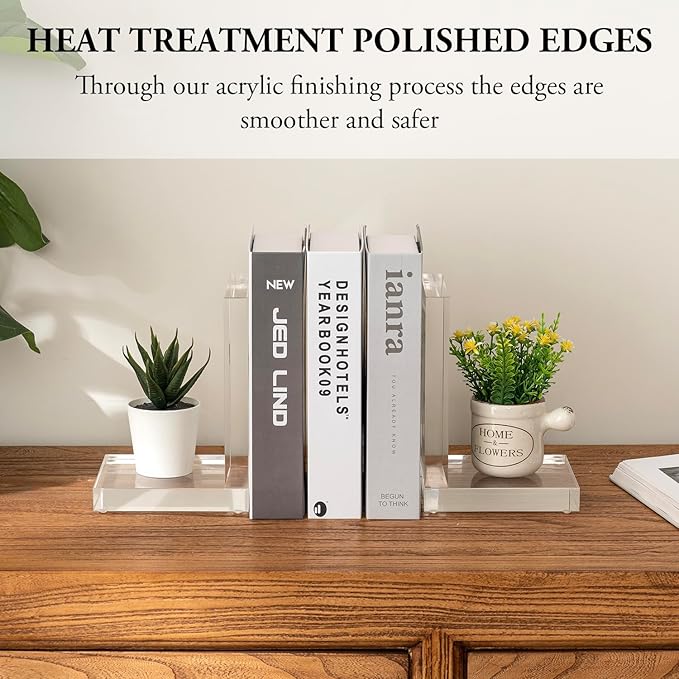 Decorative Clear Acrylic L-Shaped Bookends, Book Stopper for Home Office, 1 Pair