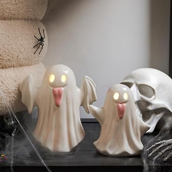 WDS WONDROUS Halloween Decor Light Up Ceramic Ghost Figurines White Ghost with Pink Tongue Set of 2 Fall Halloween Indoor Decorations for Home Table Office Desk Decor, Cute Ghost Statues