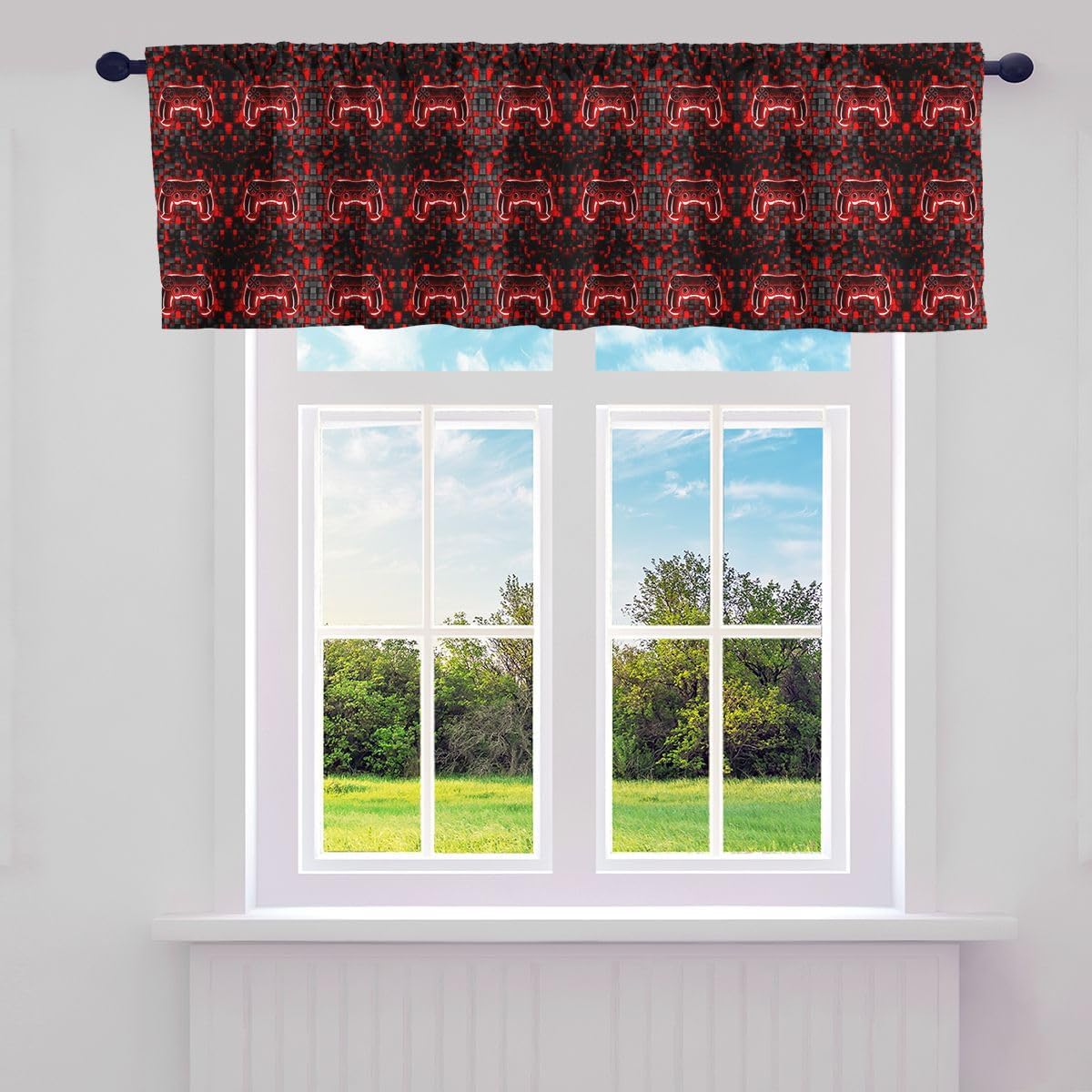 Gamepad Valance Curtains for Kids Grid Pixel Game Console Miners Window Curtains for Kitchen Living Room Bathroom Video Gaming Geometric Plaid Window Treatment 52"W x 18"L (Pack of 1),Black Blue