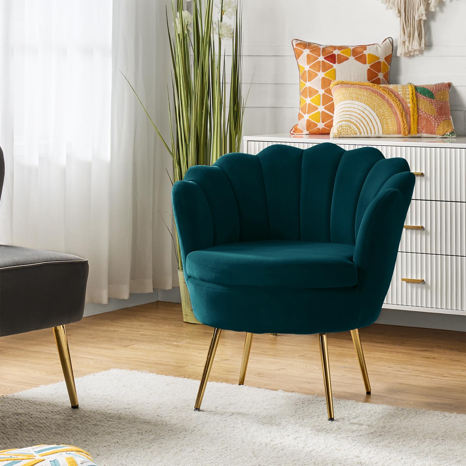 HULALA HOME Living Room Armchair Velvet Tub Chair Comfy Accent Occasional Chair with Seashell Back & Metal Leg for Lounge, Teal