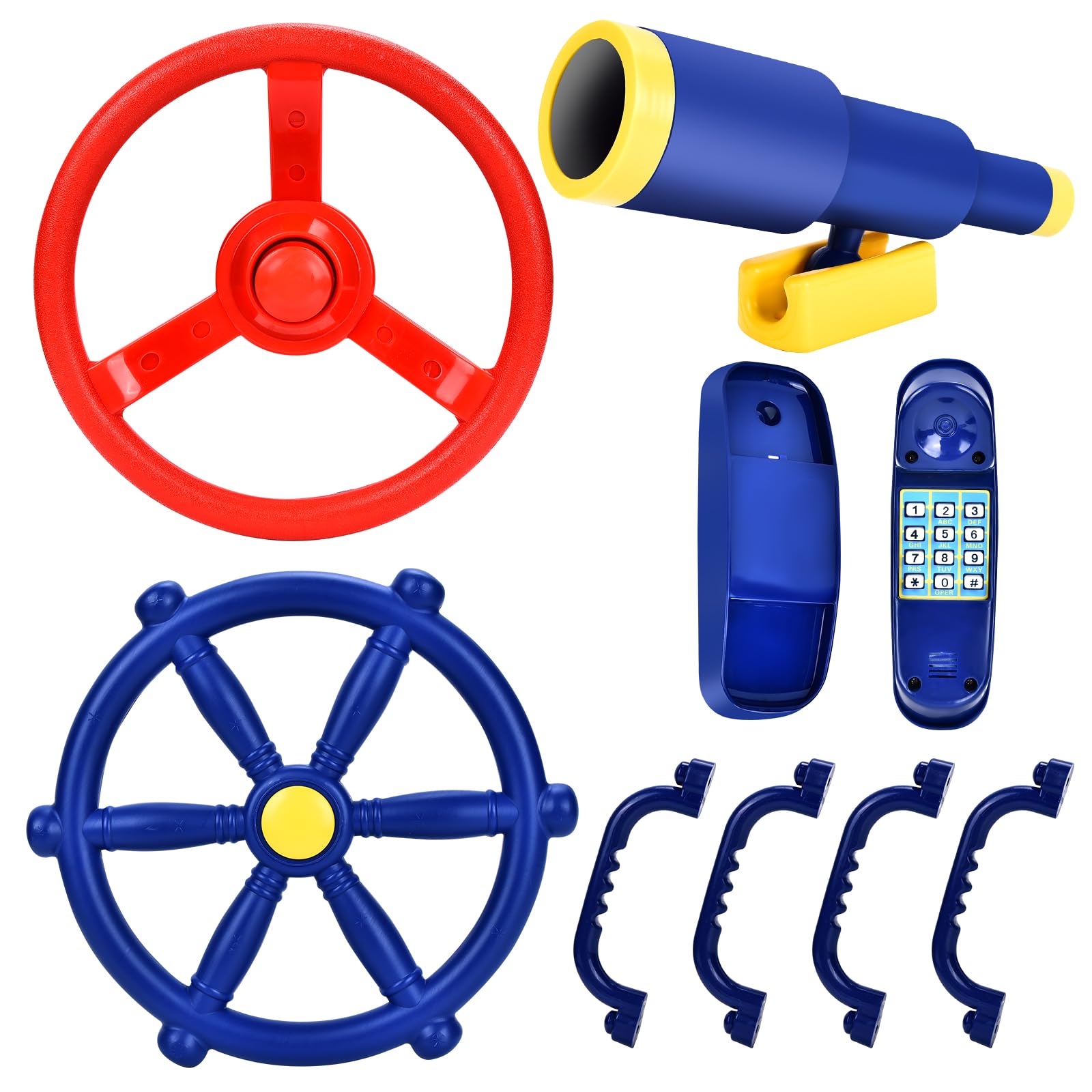 JONRRYIN Spielturm Zubehör Steuerrad Set, 8Pcs Zubehörset für Spielturm, Lenkrad, Teleskop Fernrohr, Glocke Telefon, Accessoires für Spielturm, Klettergerüst, Schaukel und Garten (Blau)