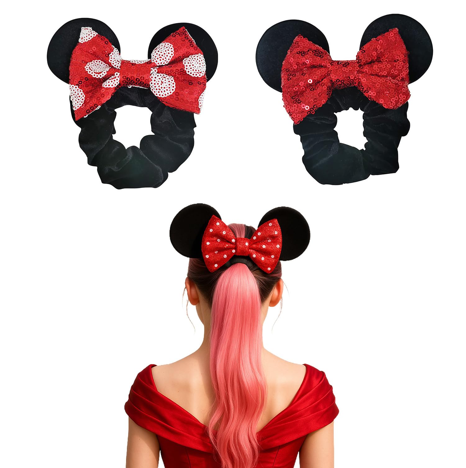 2pcs Mouse Ear Scrunchies for Kids Hair Bow Scrunchies for Women-Sequins Mouse Hair Bands for long hair(Red Black)