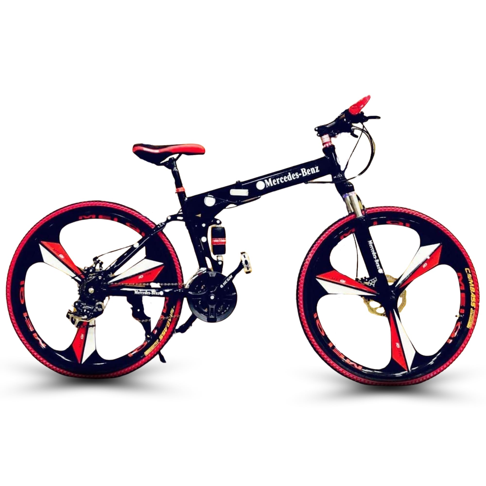 QUESEC Unisex Mountain Bike Foldable Cycle with 21 Speed Gear | Carbon Steel Frame Folding Bicycle with Double Disc Brake | Merce Benz 3 Spokes Wheel Cycle (Black)