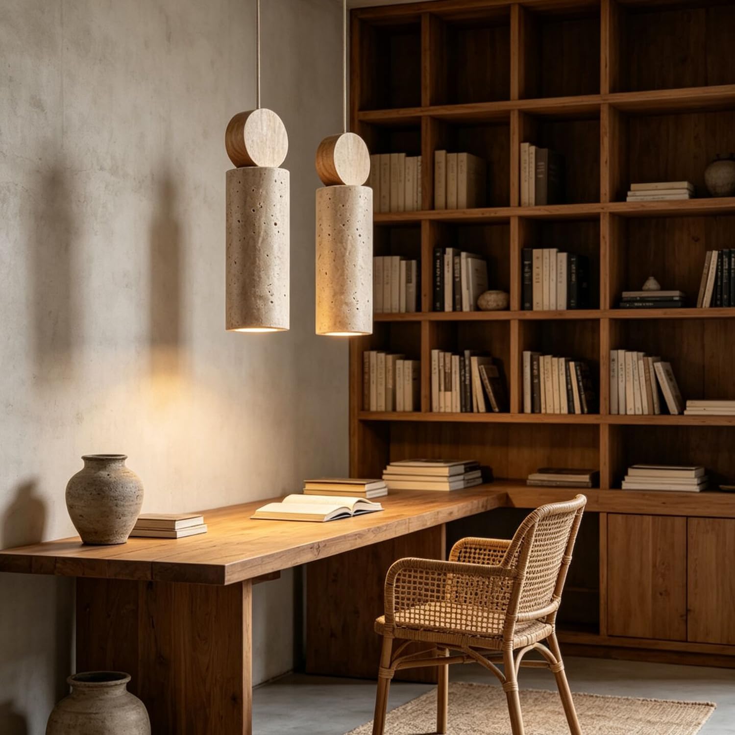 Lampada a sospensione in travertino naturale con base cilindrica