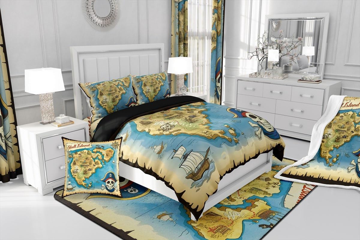Feelyou Vintage Nautical Throw Blanket for Kids Boys Teens Pirate Treasure Map Blanket Skull Island Fleece Blankets Sea Adventure Sherpa Blanket,Room Decor Plush Blankets Throw 50"x60"