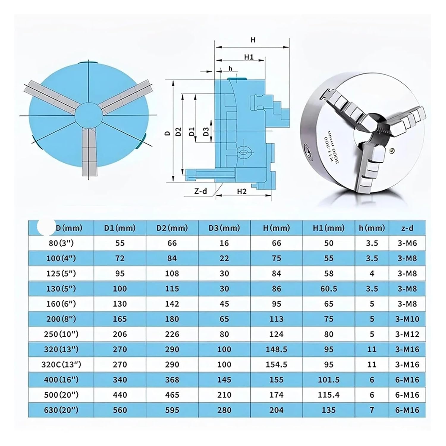 Self Centering Lathe Chuck 3 Jaws Claw Manual Scroll for Drilling Milling Machine Front Loading/Back Loading(Q-K11-160-Front Load)