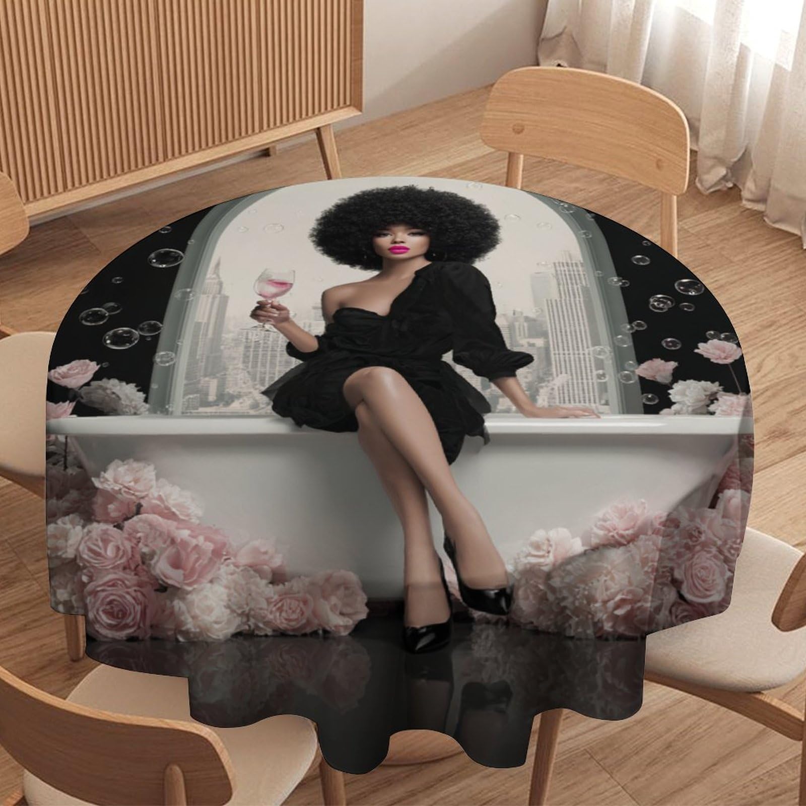 LUYYSKY Modern Classic Black Women Round Tablecloth Beautiful Elegant Bathroom Art American African Women Washable Decor for Table Cover for Kitchen-177.8" Wx177.8 L cm